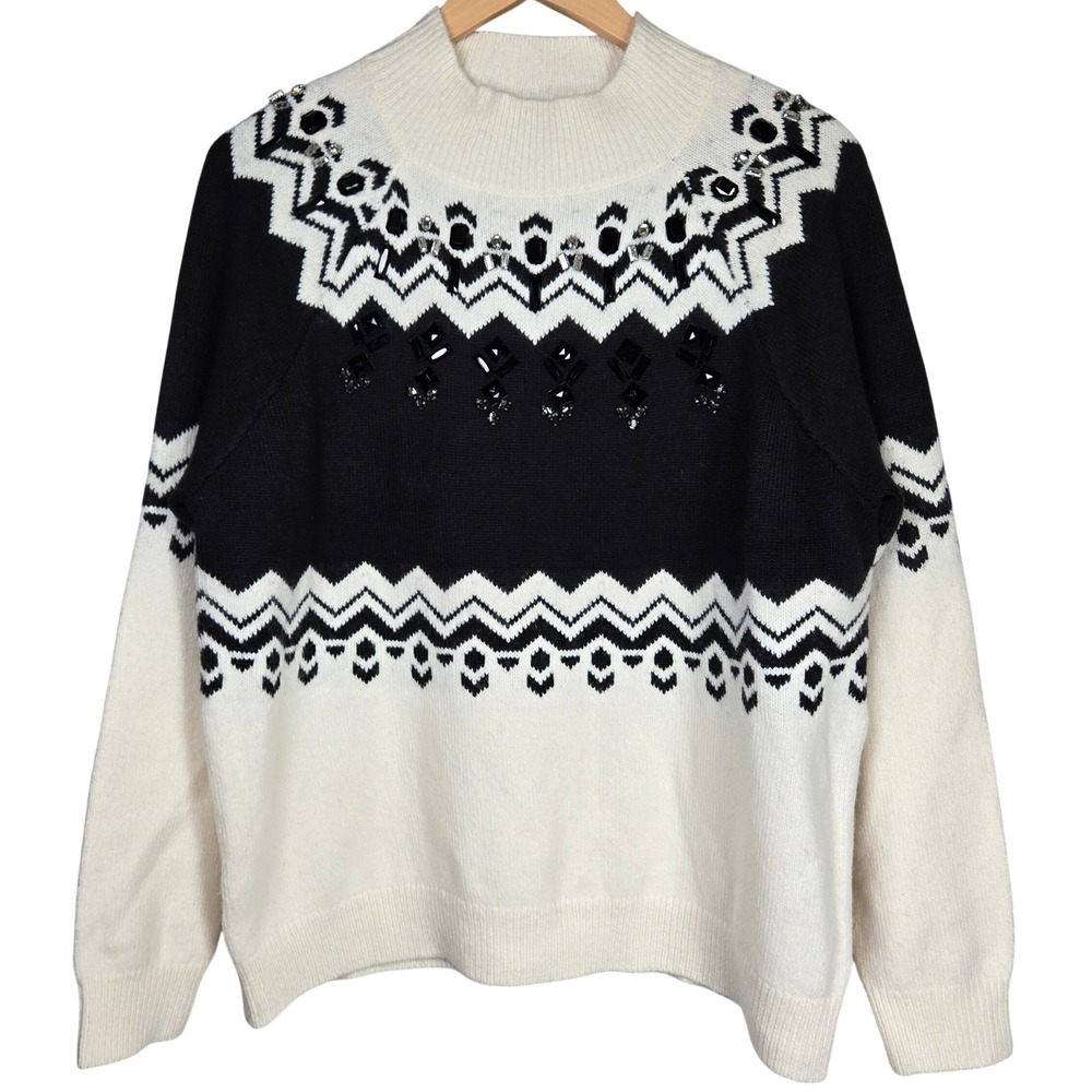Ann Taylor Womens Large Fair Isle Jeweled Embellished Sweater Black White 598973